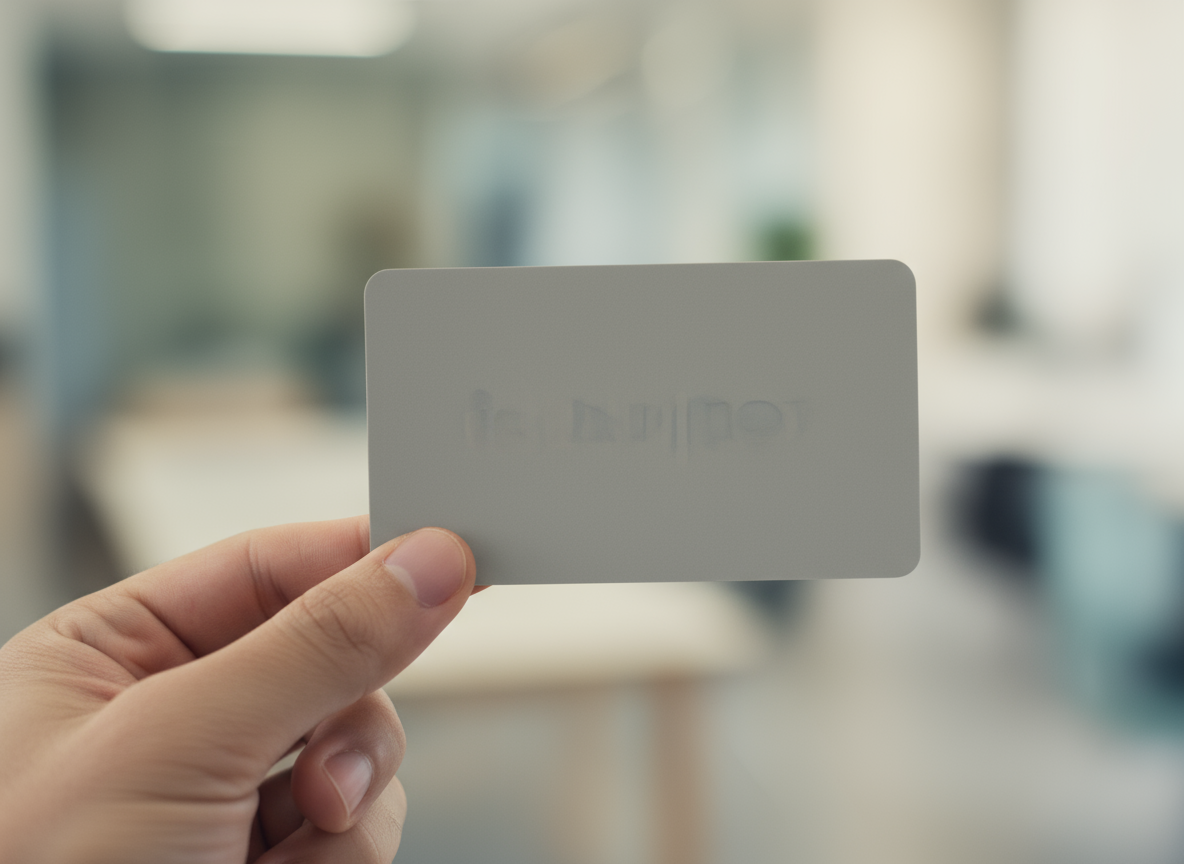 무광 마감 처리된 둥근 모서리 명함 목업을 두 손가락으로 부드럽게 잡고 있음.