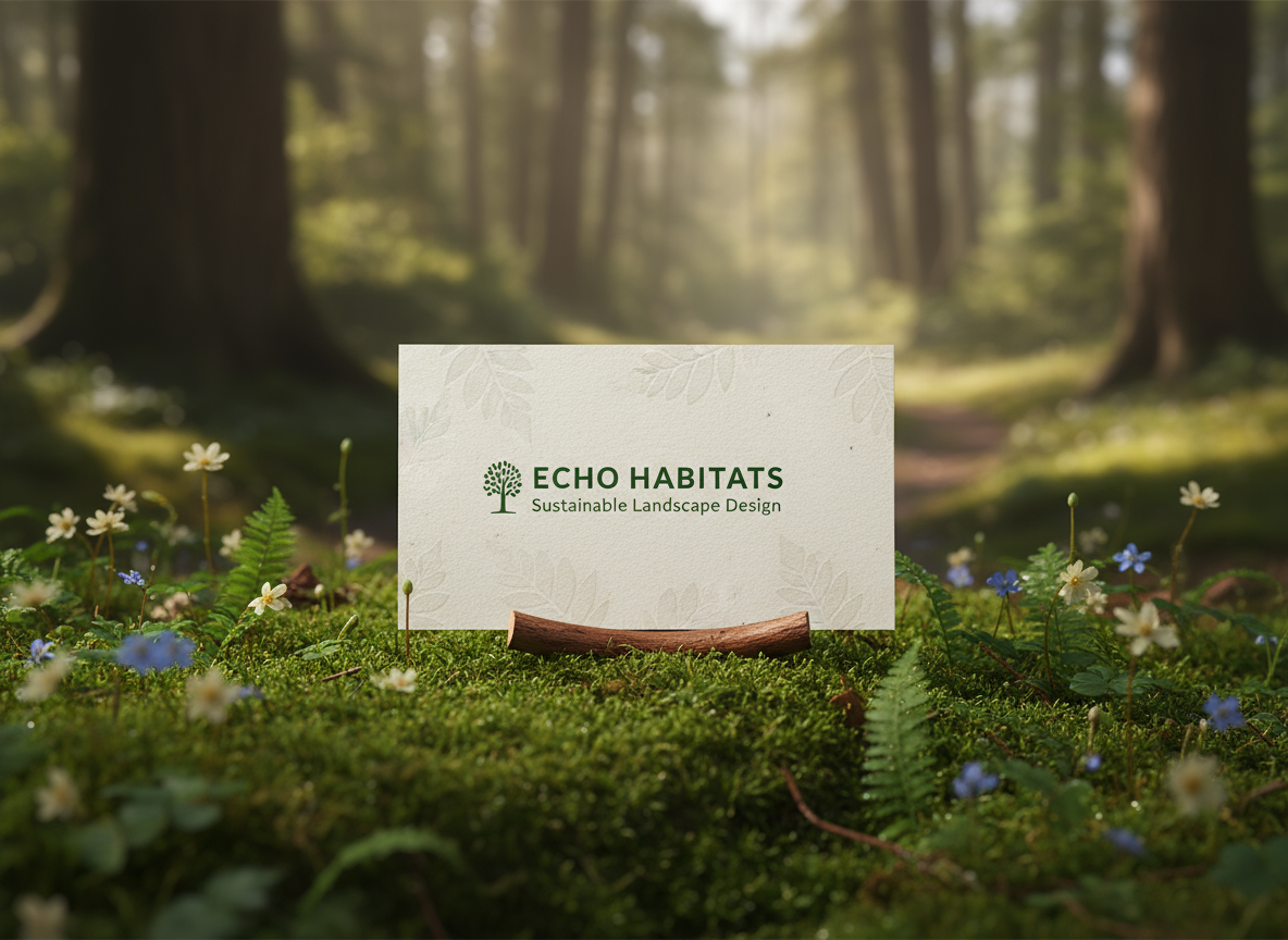 햇살이 비추는 고요한 숲 속, 초록 이끼 위에 놓인 명함 목업.