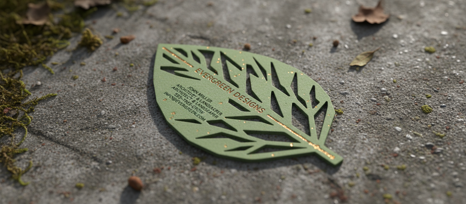 복잡한 디자인을 강조하기 위해 질감 있는 표면에 전시된 맞춤형 모양의 독특한 다이컷 명함 목업.