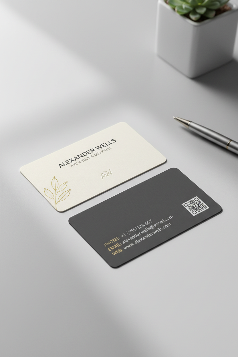 깔끔한 연회색 책상 위에 놓인 전문적인 명함 목업.