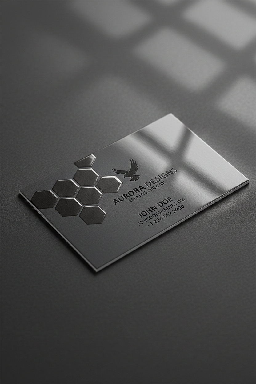 무광택 배경과 대비되는 광택 요소를 보여주는 UV 스팟 바니쉬 명함 목업.