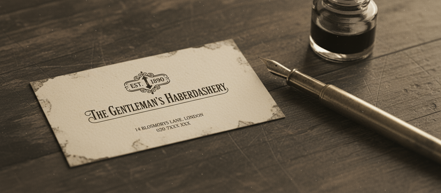 오래된 만년필 옆, 앤티크 나무 표면에 놓인 가장자리가 낡은 빈티지 명함 목업.