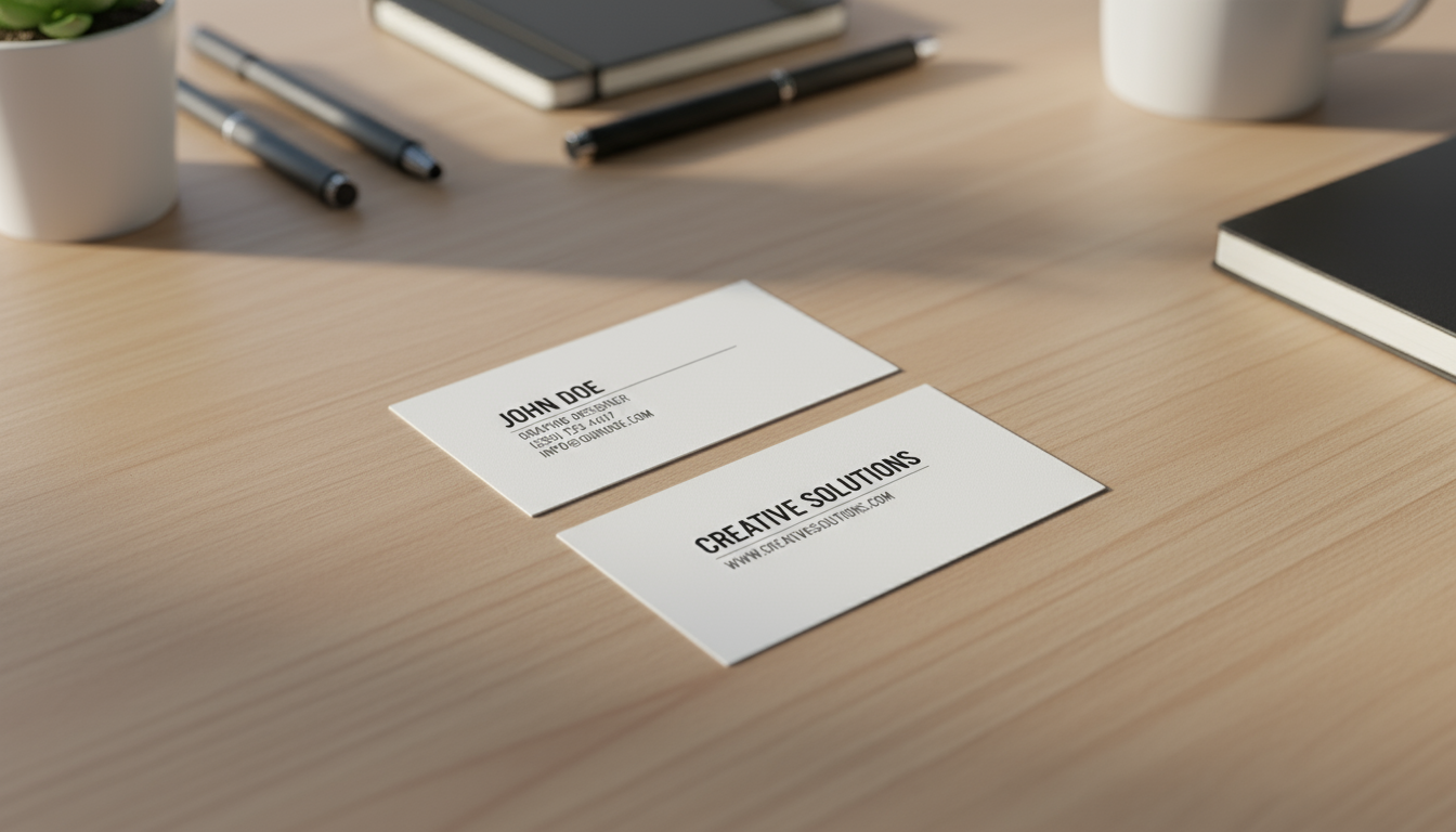 사무용품이 흐릿하게 보이는 나무 책상 위, 살짝 겹쳐진 두 개의 명함 목업.