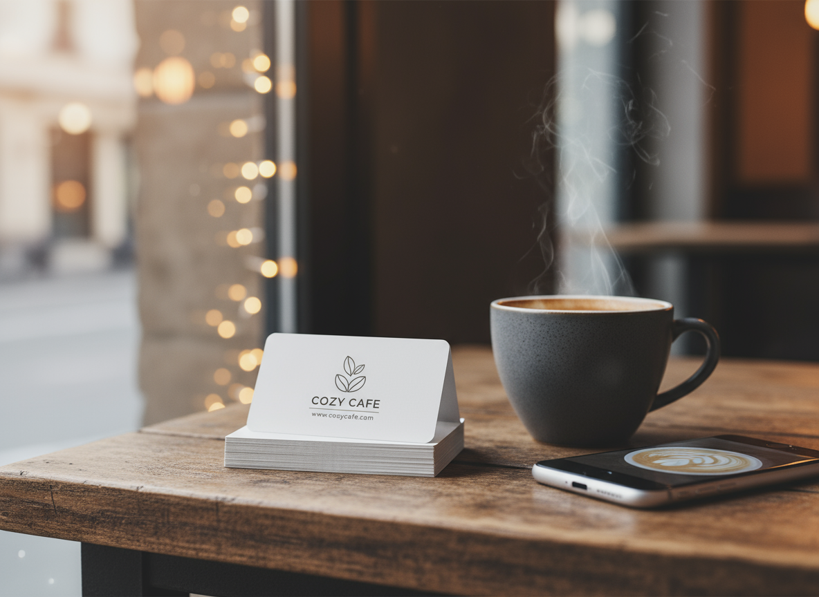 둥근 모서리 명함 더미 목업, 커피 잔과 스마트폰 옆에 놓인 아늑한 카페 테이블.