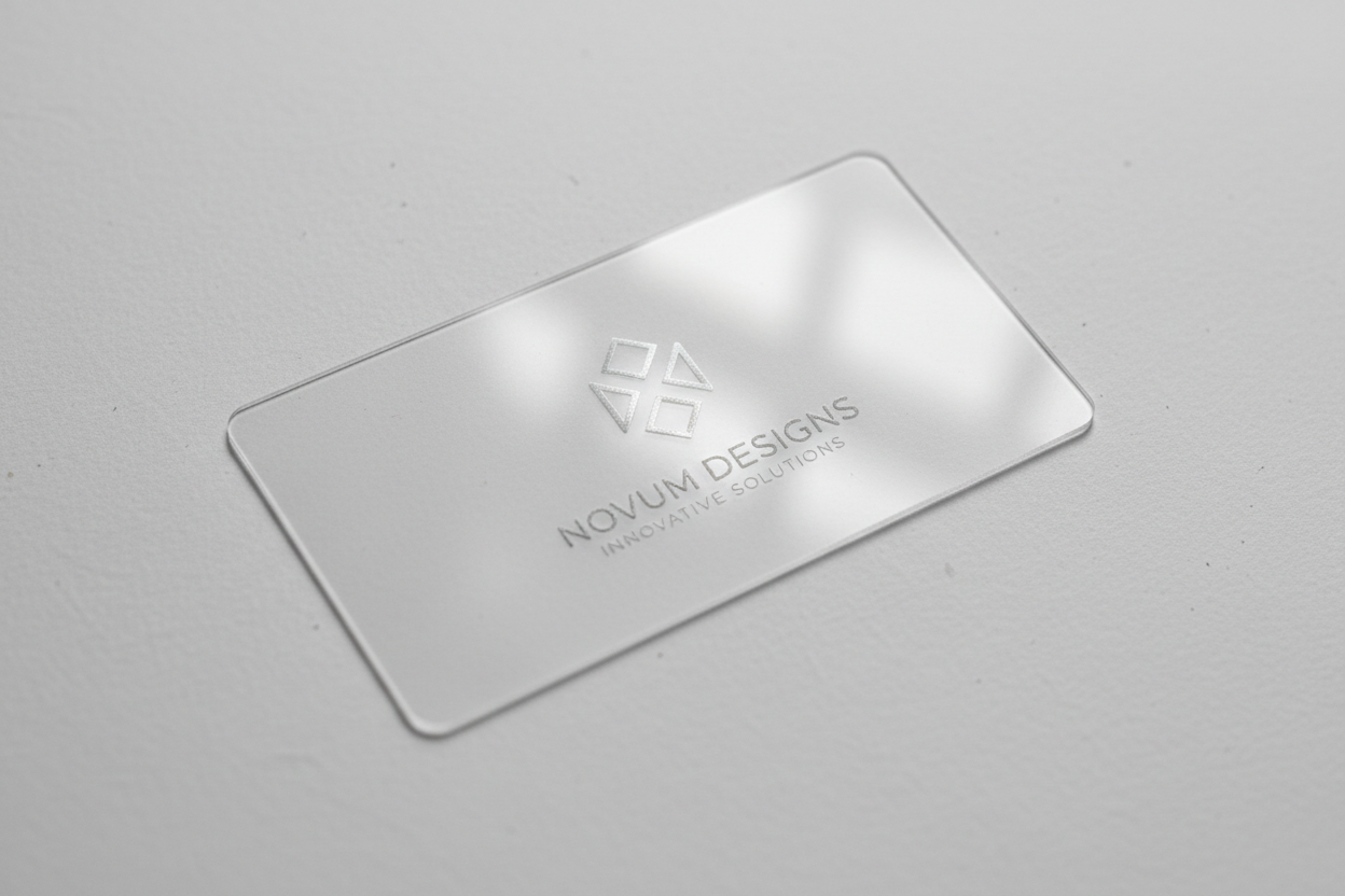 미니멀한 브랜드가 새겨진 서리 또는 투명 PVC 명함이 흰색 표면에 놓인 독특한 투명 명함 목업.