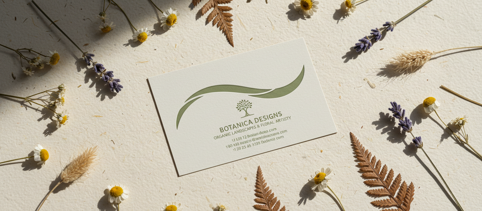 질감 있는 종이 배경 위에 마른 꽃들로 둘러싸인 독특한 다이컷 명함 목업.