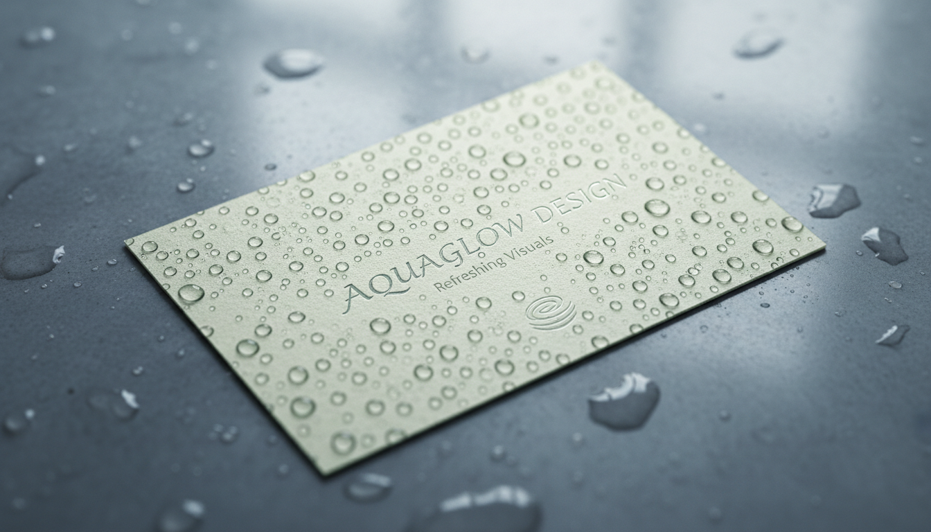 미세한 물방울이 덮여 있고 살짝 젖은 표면에 놓인 명함 목업.