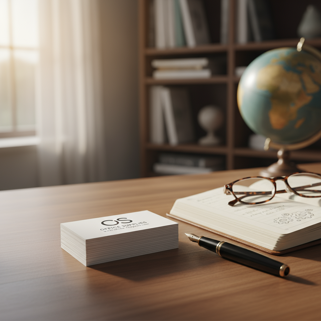 세련된 만년필과 작은 공책, 안경 옆에 가지런히 쌓인 명함이 있는 사무용품 명함 목업.