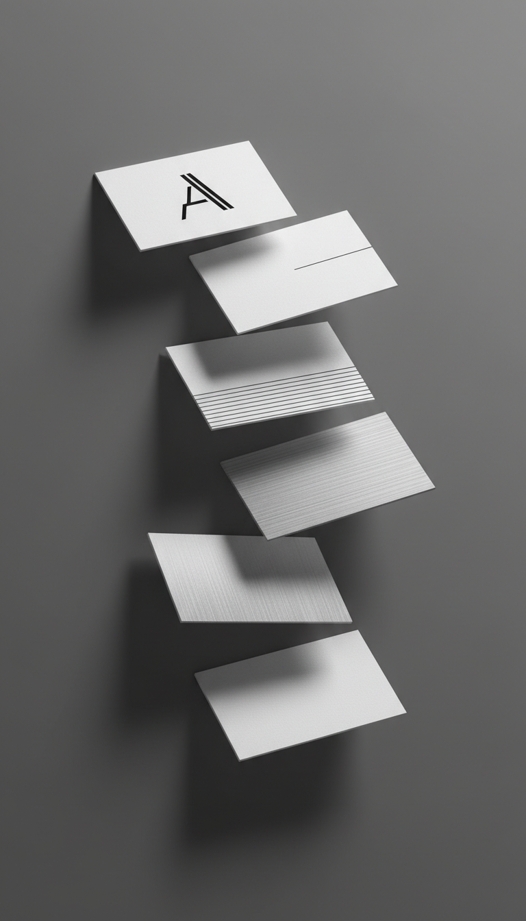 창의적으로 계단식 패턴을 이룬 명함 목업 세트, 단색 배경, 예술적인 구성.