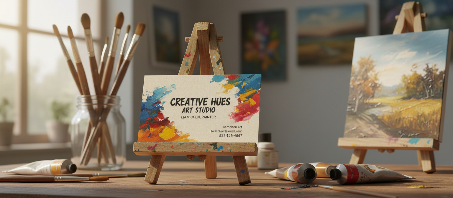 붓과 물감, 캔버스 사이에 놓인 화가의 명함, 미술 스튜디오 배경의 명함 목업.