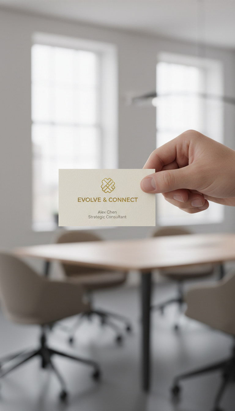 전문적인 손이 명함 한 장을 섬세하게 들고 있는 모습의 명함 목업.