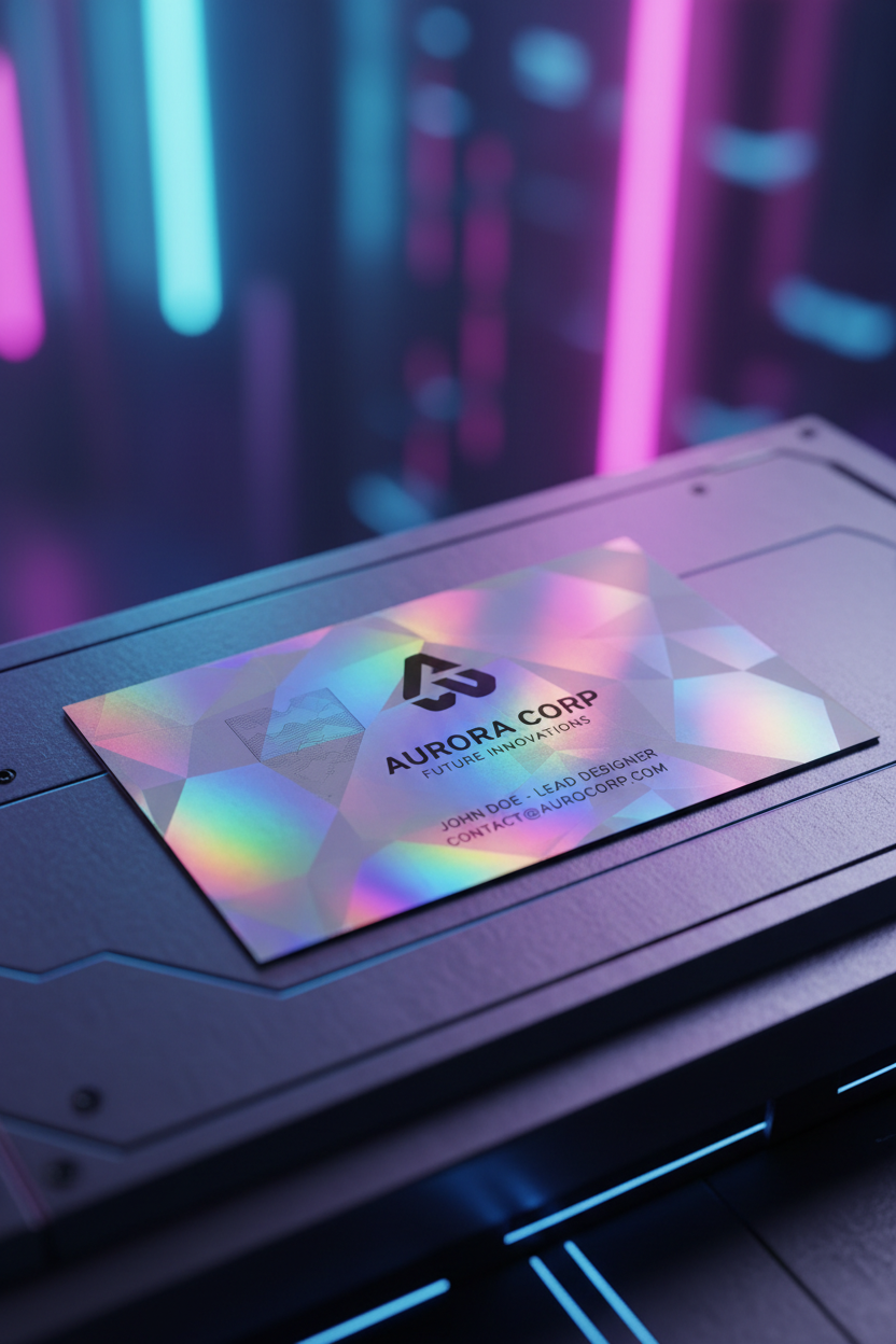 홀로그래픽 액센트가 있는 명함 목업, 금속 표면에 놓여있고 배경에 흐릿한 네온 조명.