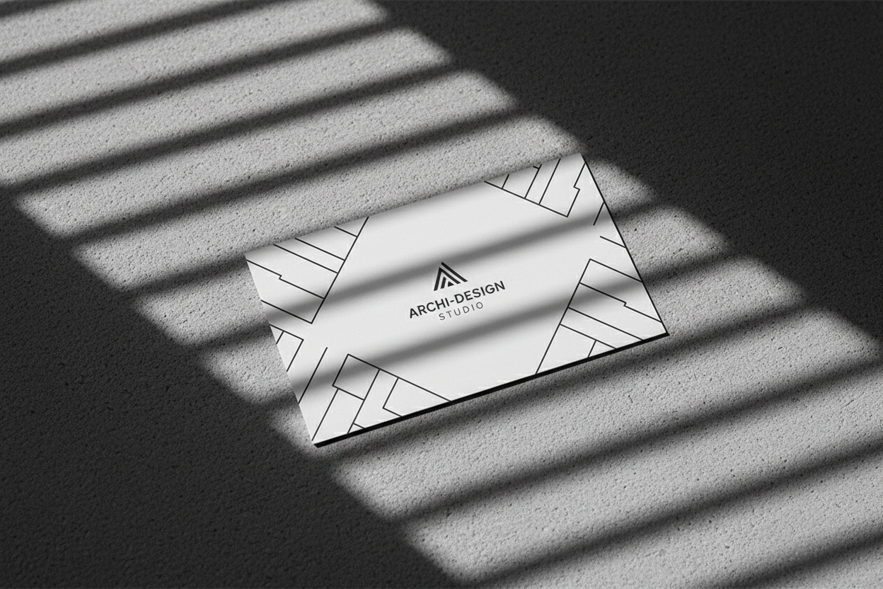 창문 블라인드에 의해 드리워진 극적인 기하학적 그림자가 있는 명함 목업.