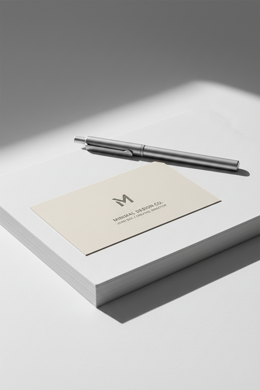 새하얀 종이 더미 위에 놓인 미니멀한 명함 목업과 사선으로 놓인 세련된 펜.