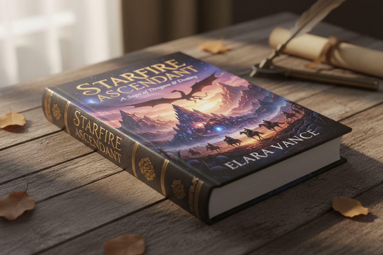 독창적이고 눈길을 끄는 판타지 소설 표지 디자인이 있는 닫힌 양장본 책의 실사 목업입니다. 낡은 나무 테이블 위에 놓여 있습니다.