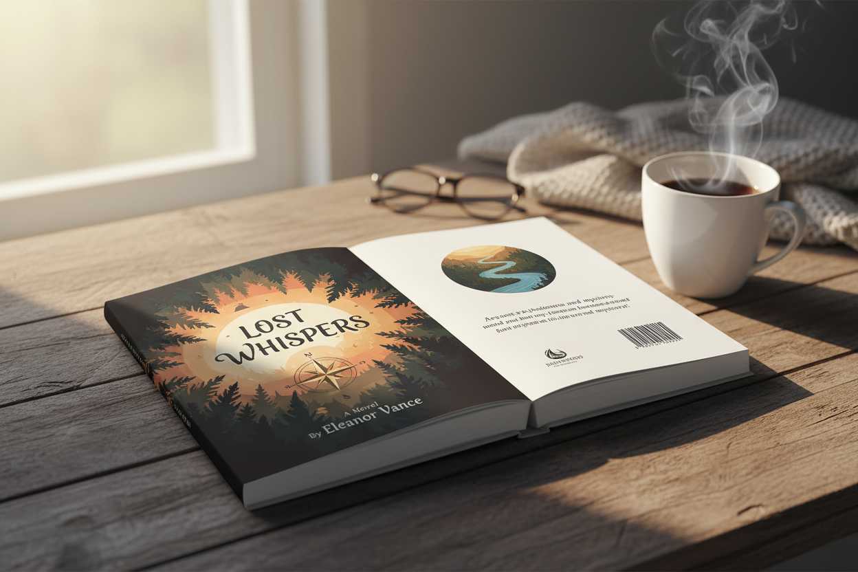 소박한 테이블 위의 커피잔과 책 표지 목업