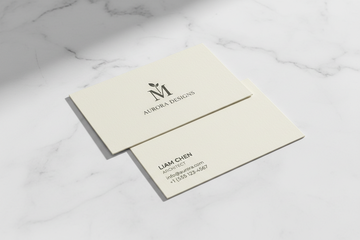 대리석 위에 놓인 미니멀리스트 명함 두 장 목업.