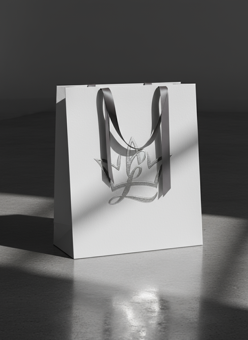 양각 은박 로고와 새틴 손잡이가 있는 고급 종이 쇼핑백 목업이 광택 있는 콘크리트 바닥에 서 있는 모습입니다.