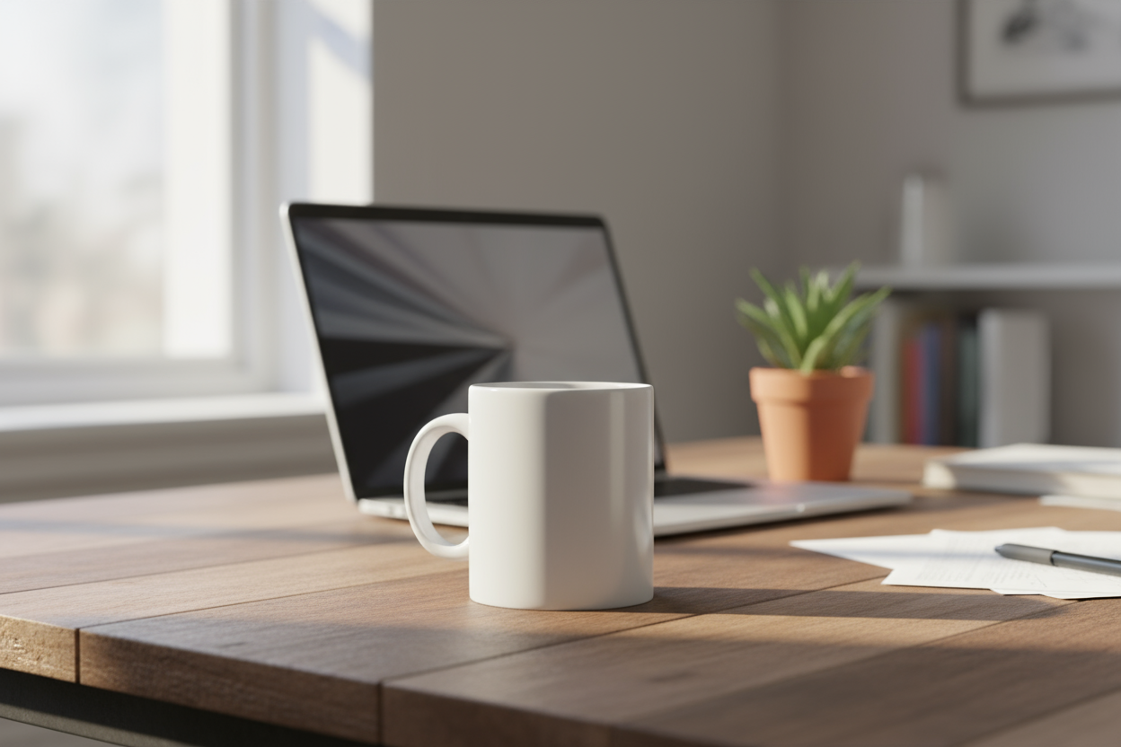 책상 위 흰색 세라믹 커피잔 목업.