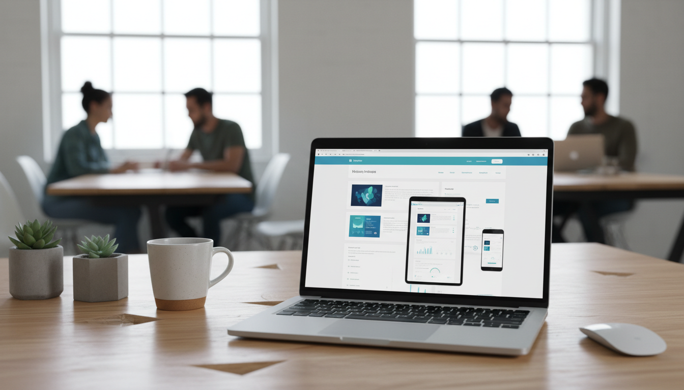 세련된 사무실 책상 위 최신 얇은 베젤 노트북에 표시된 반응형 웹 디자인 목업, 배경에는 흐릿하게 일하는 사람들이 보인다, 밝고 시원한 분위기.