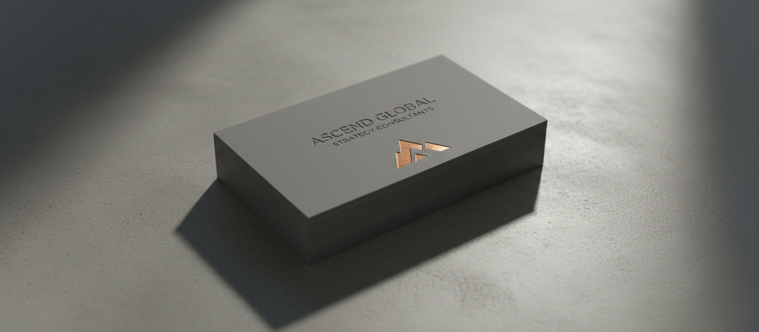 양각 활자체와 메탈릭 로고가 새겨진 현대적인 명함 더미가 콘크리트 표면에 놓여 있는 고각도 샷입니다.