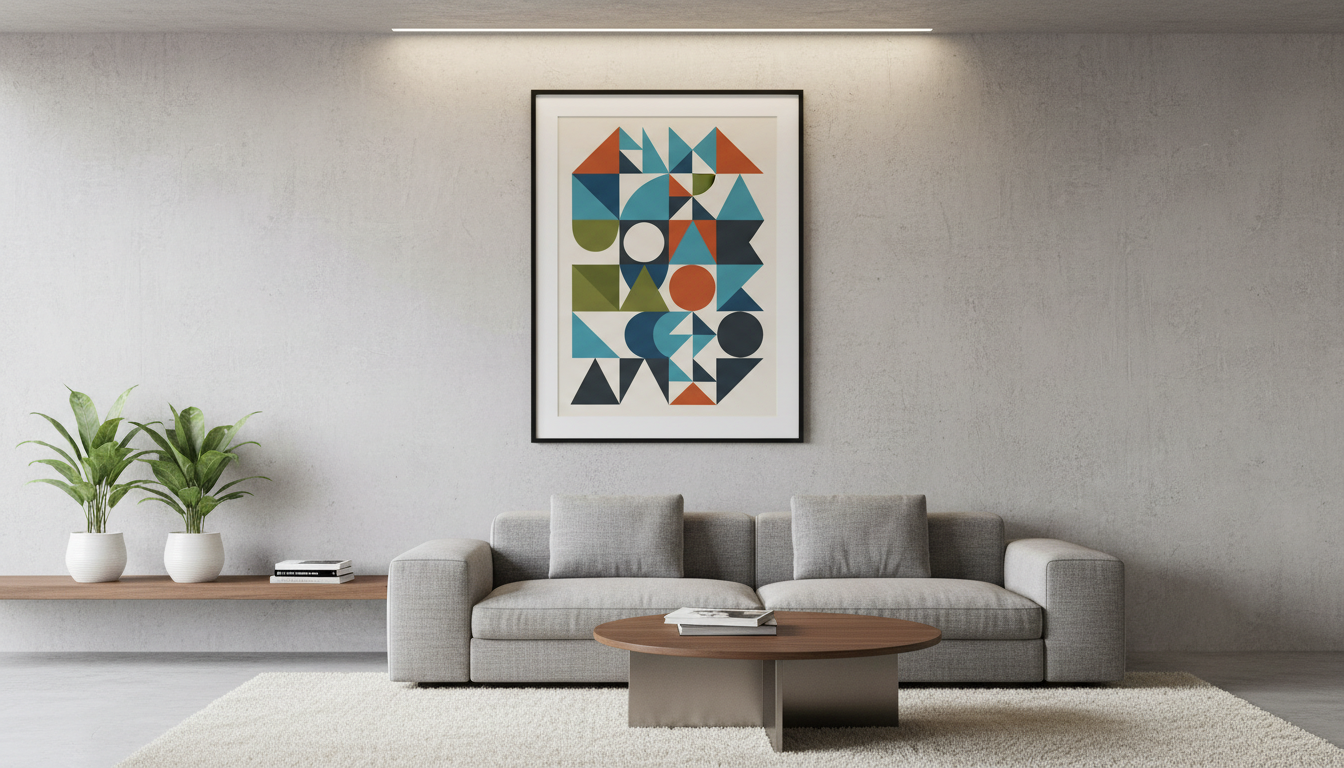 모던한 거실의 밝은 회색 콘크리트 벽에 추상적인 기하학적 디자인의 액자 포스터가 걸려 있는 실내 벽 아트 목업입니다.