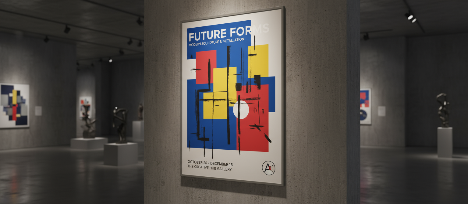 현대 갤러리 공간의 질감 있는 콘크리트 벽에 설치된 현대 미술 전시 포스터 목업, A1 크기, 은은한 스포트라이트, 약간 비스듬한 각도에서 바라본 모습.