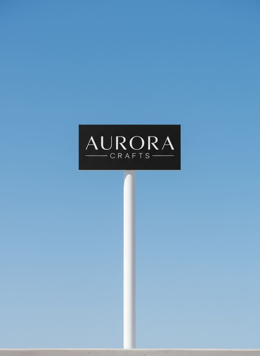 깨끗한 흰색 기둥에 장착된 검은색 직사각형 표지판에 작은 사업체의 흰색 로고타입이 표시된 미니멀한 길거리 표지판 목업입니다.