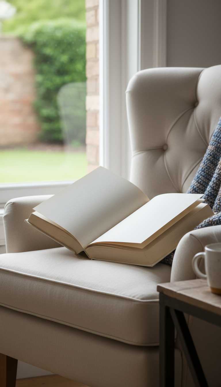 독서 의자에 놓인 펼쳐진 하드커버 책 목업.