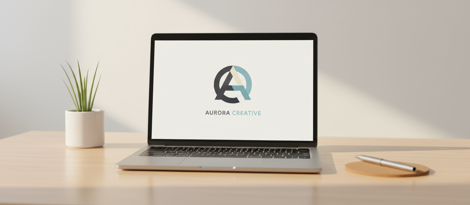 매끄러운 회사 로고가 화면에 표시된 열린 노트북이 나무 책상 위에 놓여 있는 미니멀한 브랜딩 목업입니다.