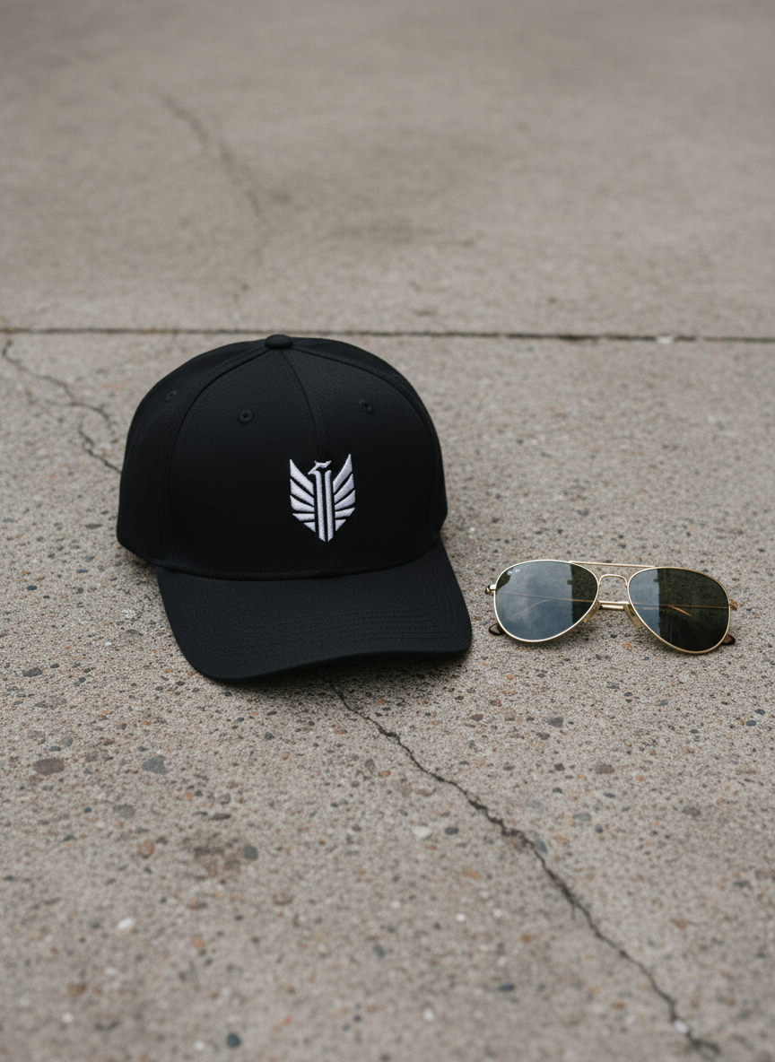 세련된 야구 모자 목업, 자수 로고가 있는 검은색 모자, 빈티지 선글라스 옆 텍스처가 있는 콘크리트 표면에 평평하게 놓여 있으며, 도시 사진 스타일, 깔끔한 구성.