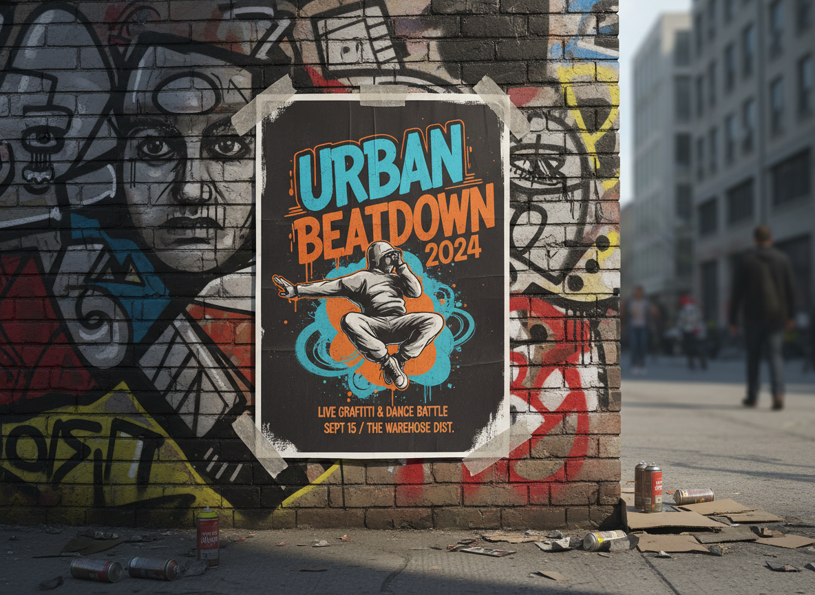 벽돌 벽에 붙은 스트리트 스타일 이벤트 포스터 목업