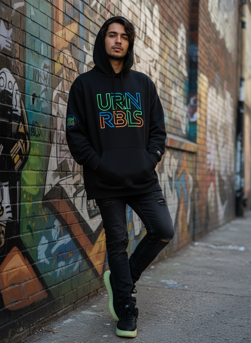 생동감 넘치는 그래피티 벽을 배경으로 스트릿웨어 브랜드 로고가 새겨진 세련된 후드티를 입은 젊은이, 멋진 도시 미학, 날렵한.