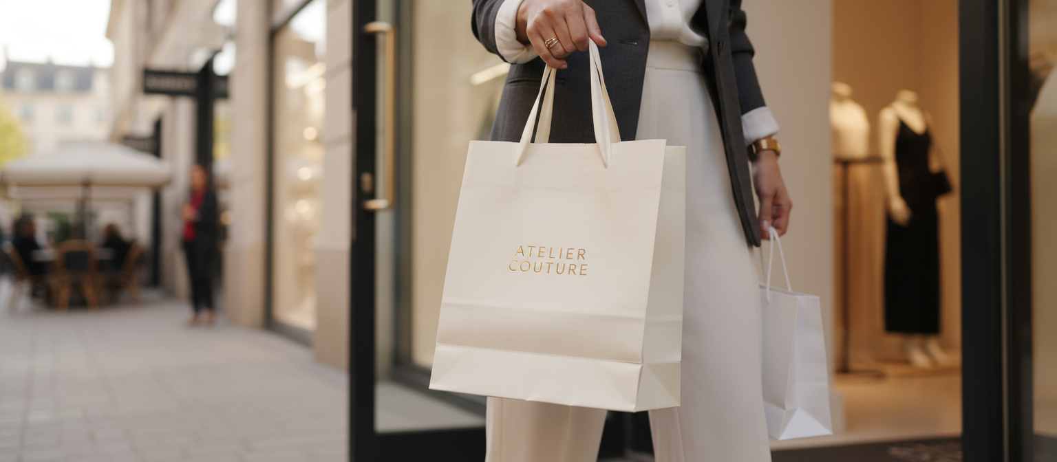 명품 브랜드 로고가 새겨진 세련된 종이 쇼핑백 목업, 부티크에서 나오는 패션에 신경 쓴 사람의 손에 들려 있으며, 흐릿한 고급스러운 거리 배경, 가방에 초점.