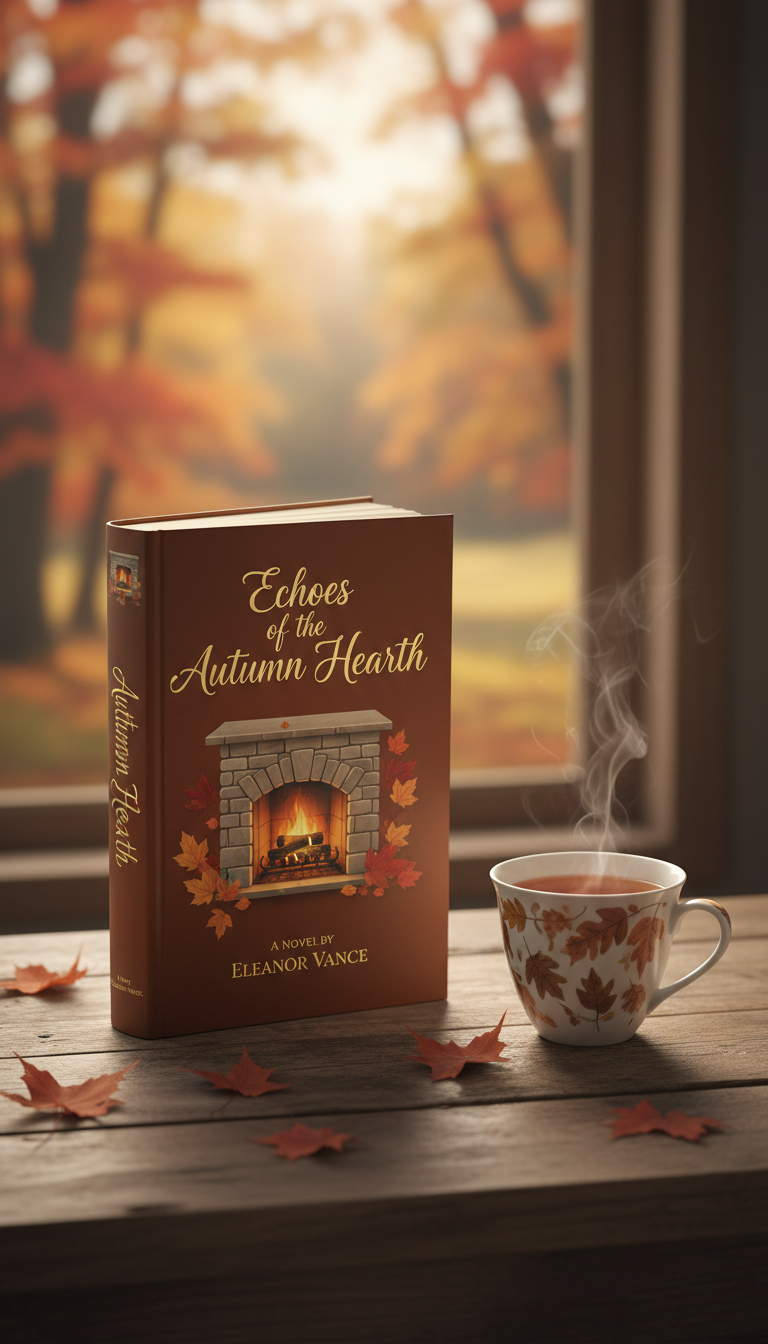 나무 책상 위에 펼쳐진 하드커버 소설책 표지 목업과 김이 나는 차 한 잔, 창밖으로 보이는 가을 잎, 부드러운 초점, 따뜻한 색감.