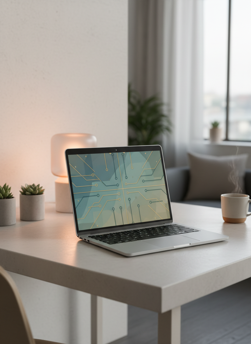 현대적인 책상 위 은색 노트북 목업.