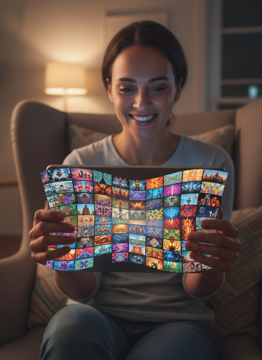 끊임없이 변화하는 AI 생성 이미지 갤러리를 즐겁게 보는 사람의 모습입니다.