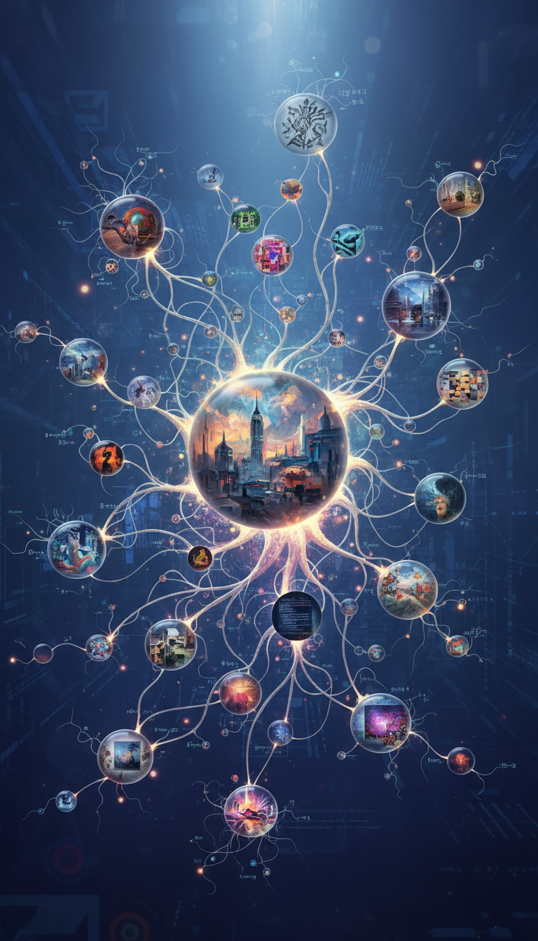예술적인 이미지가 노드 내에서 나타나며 성장하고 진화하는 복잡한 네트워크 다이어그램, AI 학습을 보여줌.