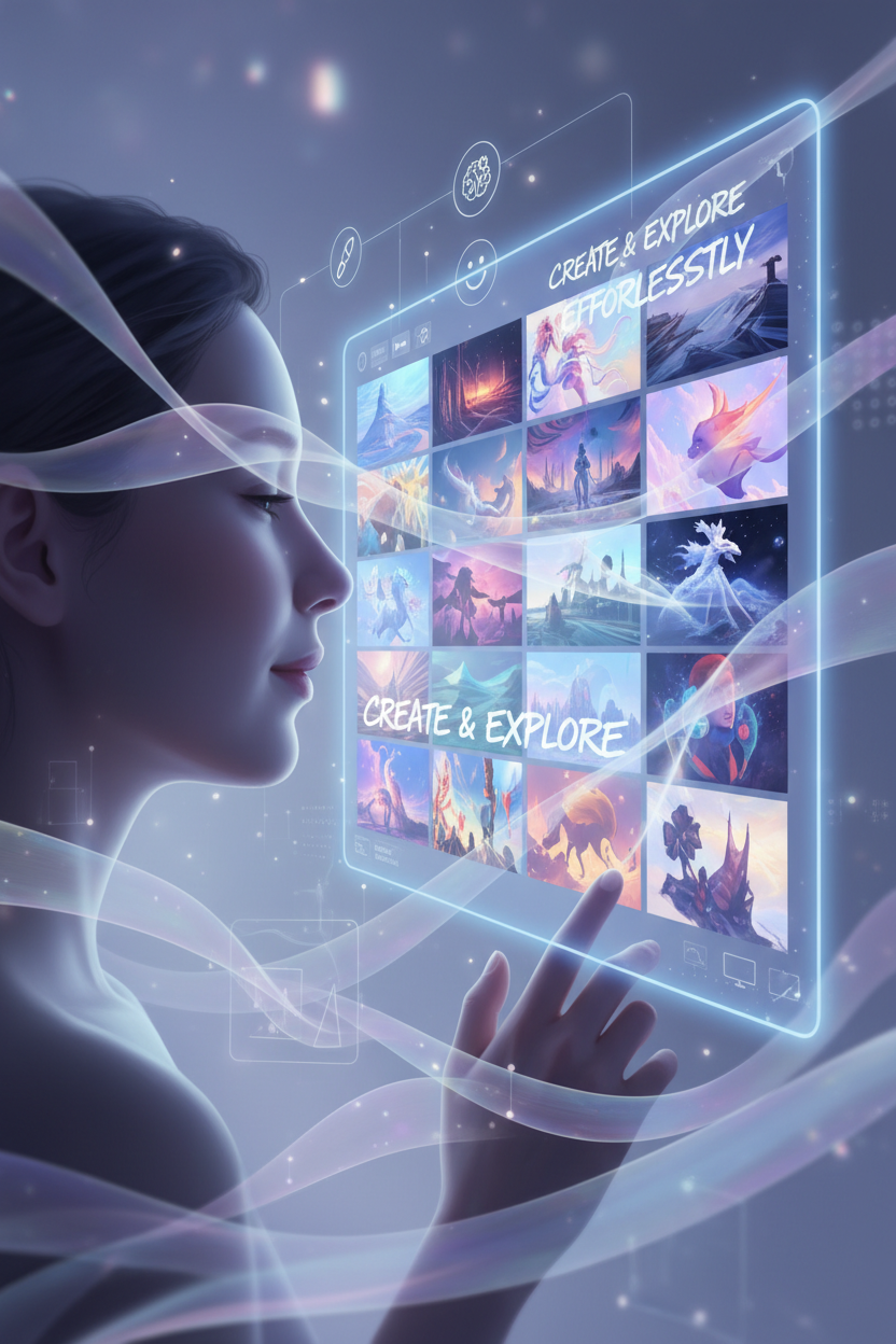 빛나는 화면으로 다양한 AI 생성 이미지를 보는 사람.