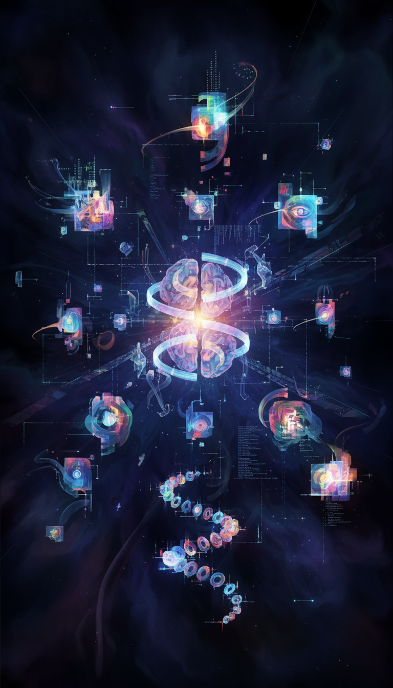 빛나는 떠다니는 요소로 분해된 디지털 그림.