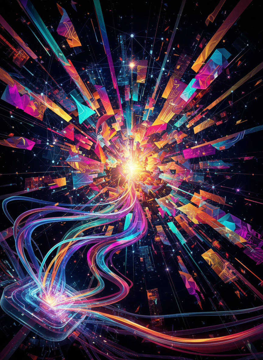 추상적인 데이터 흐름이 생생한 예술 작품으로 변환되어 AI 이미지 생성을 상징합니다.