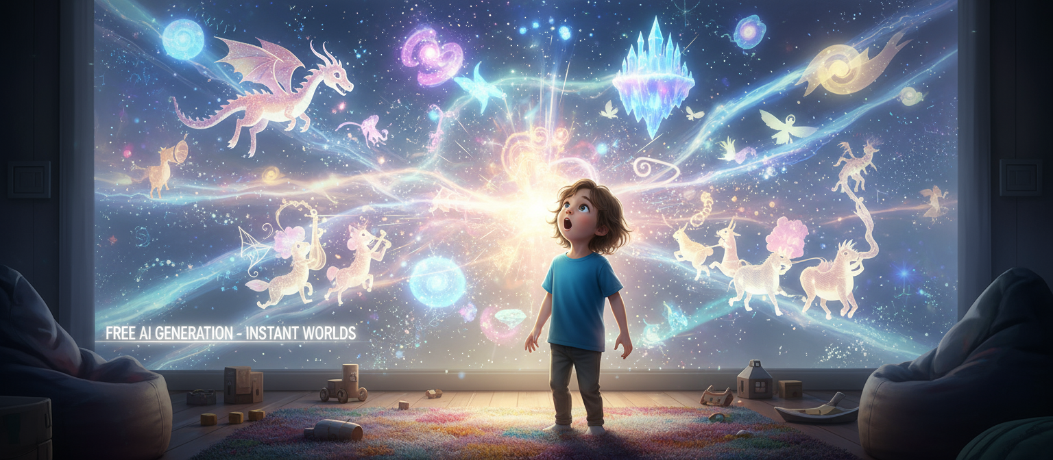 홀로그램 투영에서 마법처럼 나타나는 기발한 캐릭터들을 보는 아이, 무료 AI를 통해.