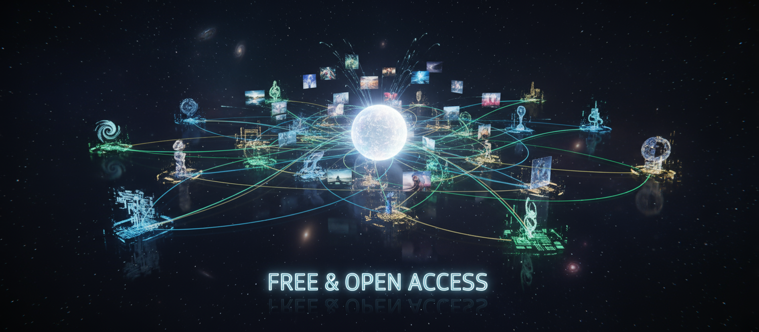 디지털 이미지를 생성하고 배포하는 빛나는 네트워크, 오픈소스 AI 예술을 상징합니다.