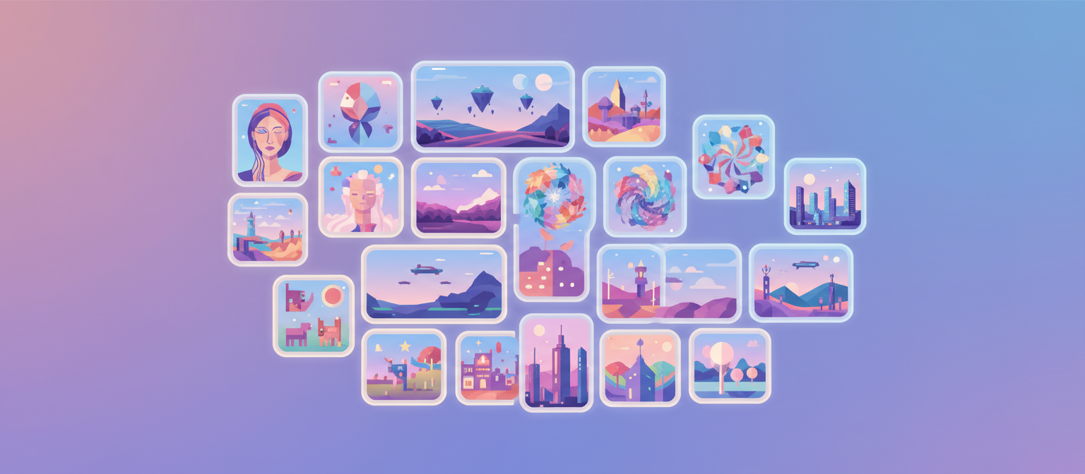 다양한 스타일의 AI 생성 이미지를 보여주는 여러 개의 작은 화면 콜라주.