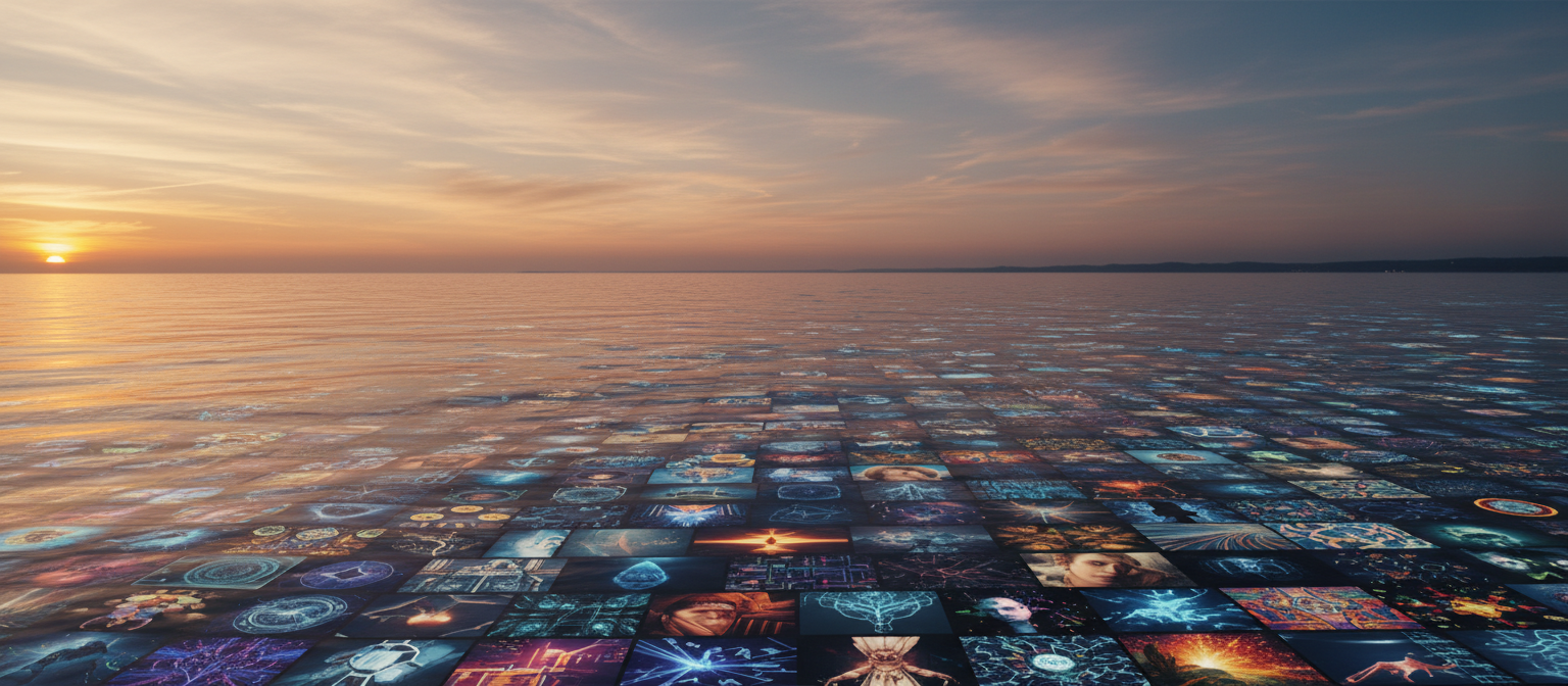 다양한 AI 생성 이미지를 비추는 잔잔한 새벽 바다.