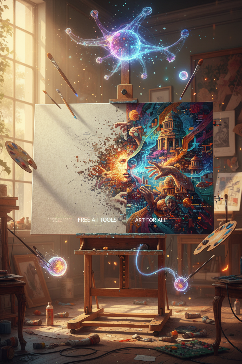 빈 캔버스가 AI를 통해 디지털 그림으로 변하는 이젤.