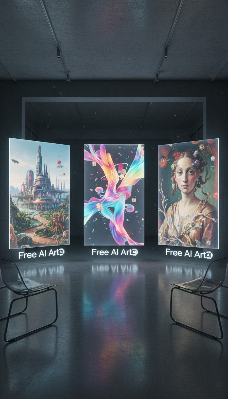 미니멀리스트 스튜디오의 홀로그래픽 디스플레이에 다양한 AI 생성 이미지가 전시되어 있습니다.