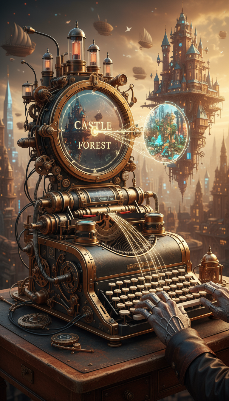 디지털 화면에 AI 이미지를 생성하는 스팀펑크 타자기.