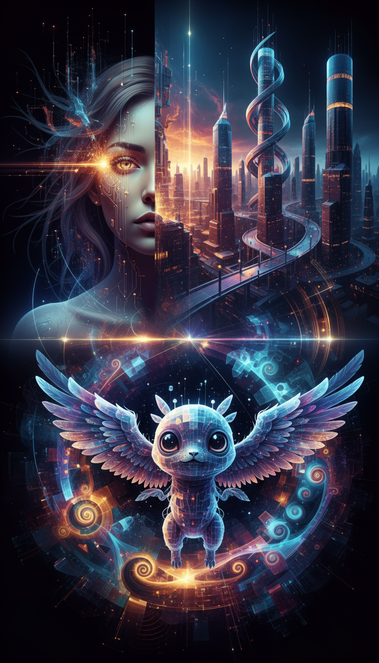 인물화, 도시 경관, 생물 등 다양한 AI 생성 이미지가 동적으로 콜라주를 이룹니다.