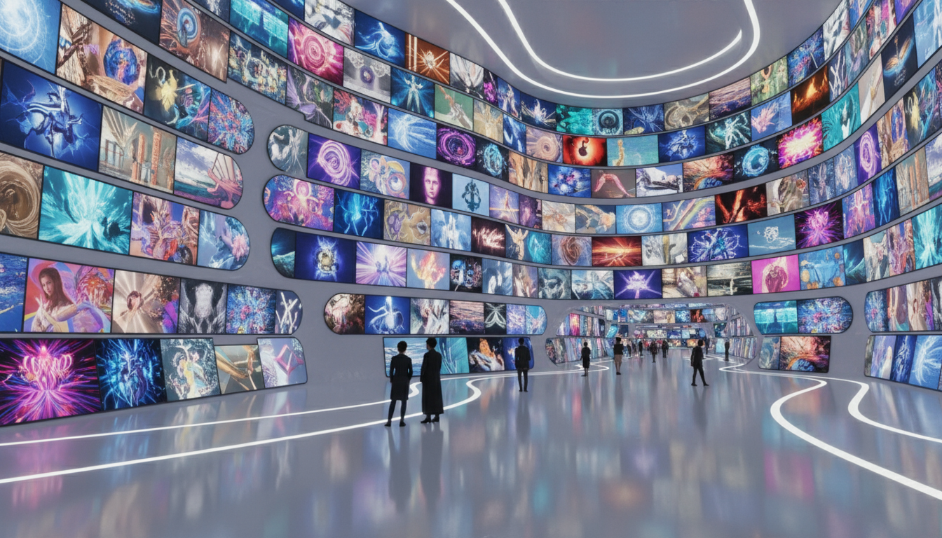 끝없이 펼쳐진 AI 생성 이미지들을 전시하는 무한한 갤러리 공간.